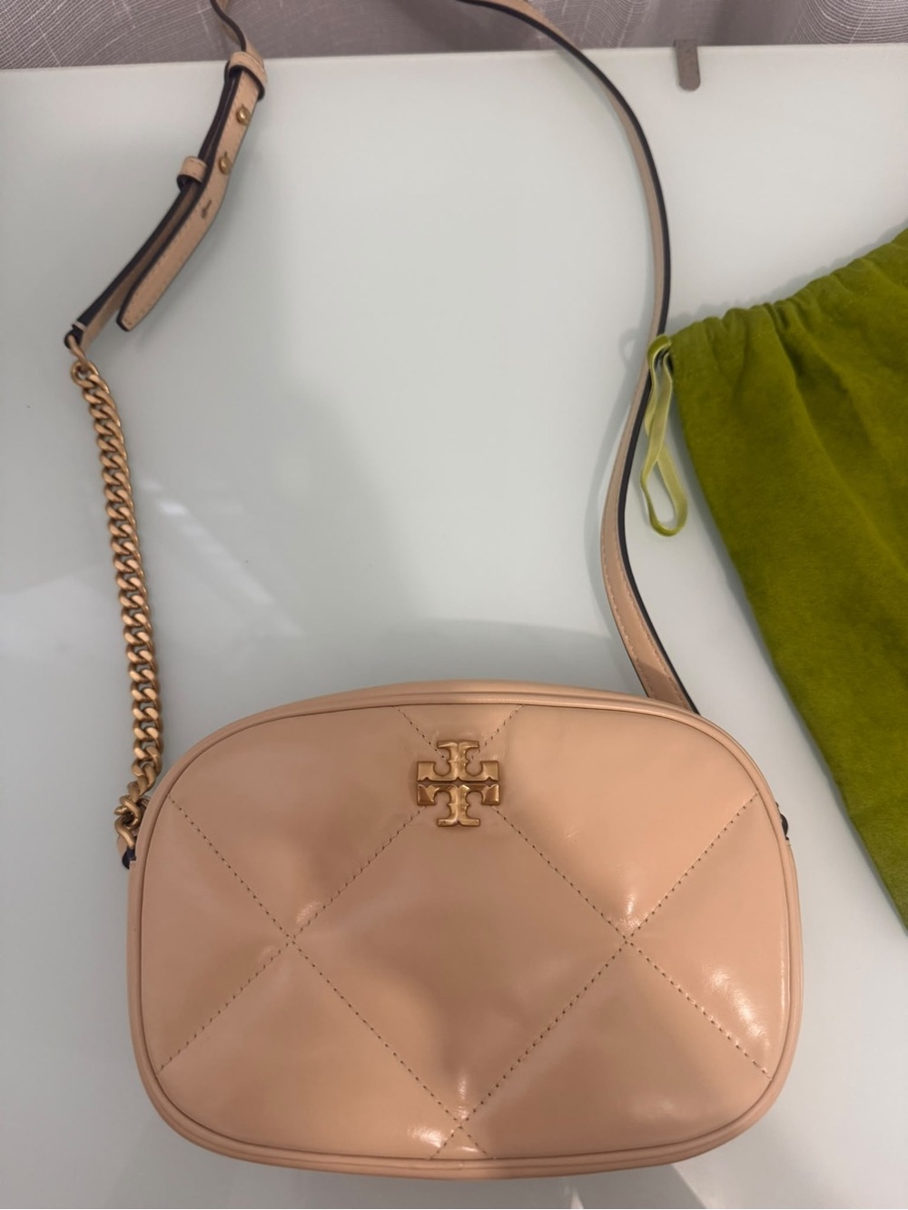 Tory Burch Blush Pink Quilted Leather Crossbody with Gold Chain Strap
